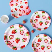 Strawberry Print Disposable Plate, Napkin, Cup Set, Plates, Napkins And Cups Party Supplies, Serves 8 Guests, Disposable Paper Plates Party Tableware Suitable For Birthday, Wedding, Theme Party, Family Picnic - Multicolor - View 4