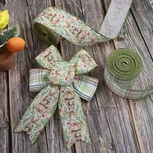 2 Rolls Easter Wired Edge Craft Ribbon, Spring Floral Bunny Wired Ribbon Watercolor Easter Bunny Floral Fabric Ribbon For Gift Wrapping, Floral Decor, Bows, DIY Crafts - Multicolor - View 5