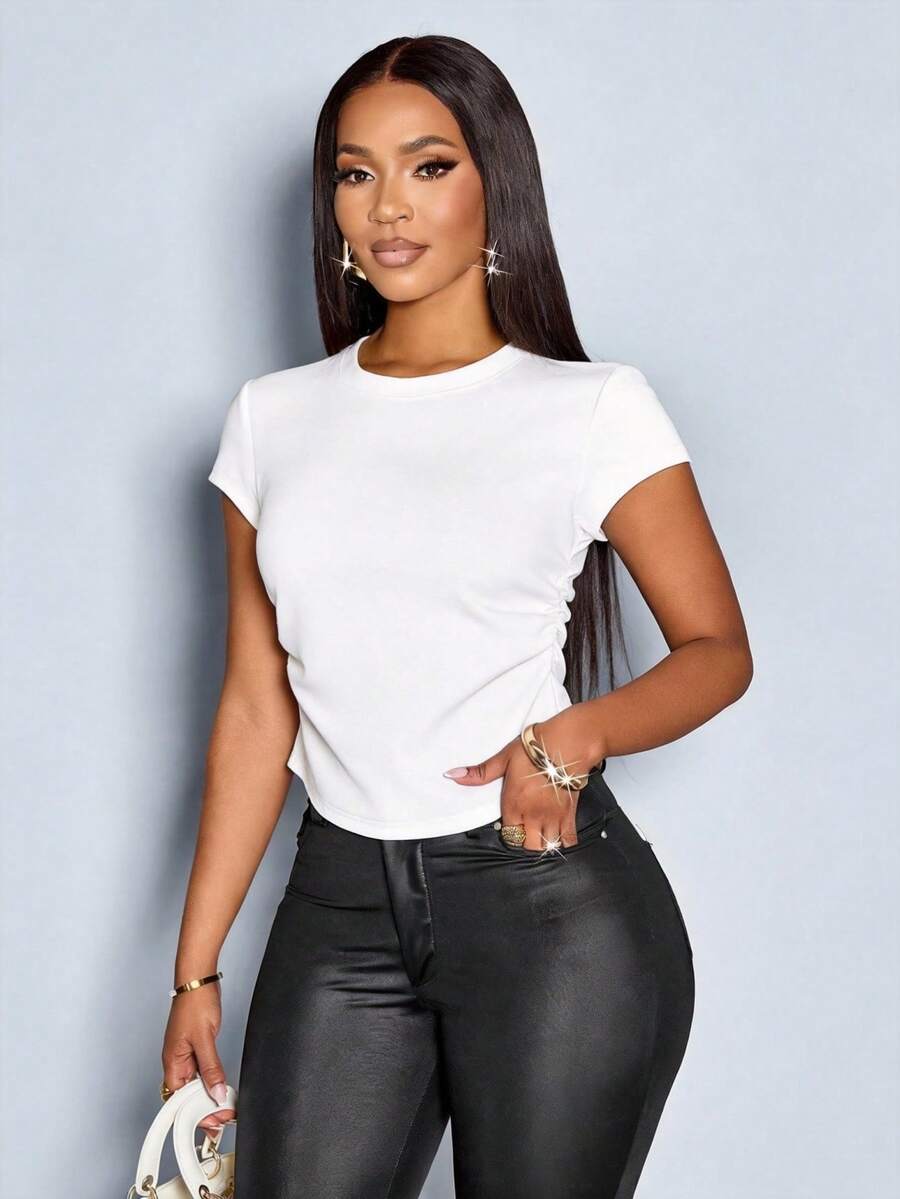 Women's Sexy Slim Fit Short Sleeve T-Shirt, Side Ruched Waist Design, Solid Color Round Neck Top, Stretchy Breathable, Spring/Summer Daily Wear, Slimming Undershirt Casual White - White - View 1
