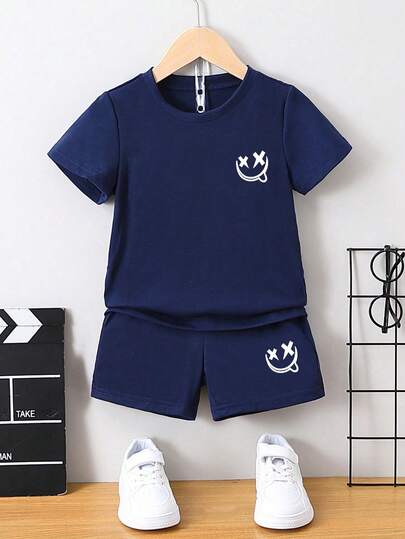 2pcs/Set Boys' Casual Multifunctional Minimalist Cartoon Print Short Sleeve T-Shirt And Shorts, Suitable For Outdoor, School, Vacation, Travel, Relaxation, Sunbathing And Other Summer Occasions