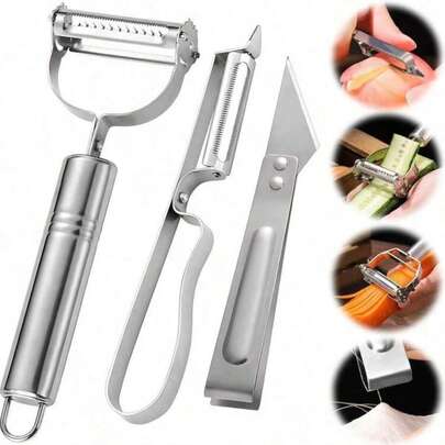 3-In-1 Stainless Steel Vegetable Peeler Set, Multi-Function Slicer, Straight Peeler And Serrated Peeler, Comfortable Grip, Suitable For Fruits And Vegetables, Includes Apple Peeler, Pear Peeler, Carrot, Potato, Melon Peeler And Shredder, Poultry Feather Remover, Multipurpose Kitchen Fruit And Vegetable Grater Set