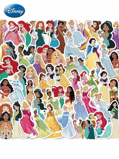  Officially Licensed 50PCS Disney Princess Vinyl Waterproof Stickers Cartoon Decals Aurora Ariel Belle Jasmine Mulan Tiana Collection For Fans Water Bottle Laptop Computer Phone Tablet Car Helmet Luggage Skateboard Hard Hat DIY Decoration