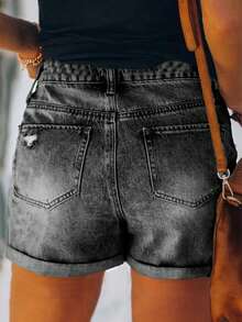 Quần short denim rộng rãi, rách rưới, thời trang đường phố cổ điển dành cho nữ, mùa hè - Màu xám đen - Xem 3