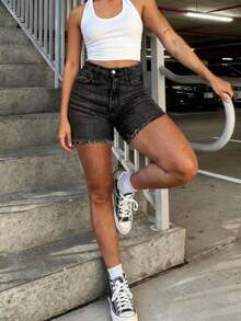 Quần short denim rách kiểu cổ điển, gợi cảm, đa năng, thích hợp mặc mùa hè, màu đen. - màu đen - Xem 2