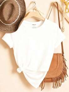 Women's Basic Solid Color Short Sleeve Crew Neck Pure Cotton T-Shirt, Slim Fit Casual Daily Top, Sizes S-XXXL, Soft Breathable Comfortable Tee, Lightweight Summer Fashion Essential, Easy To Match, Classic Style, High-Quality Cotton Fabric, Suitable For All Seasons, Basic Top For Women - 白色 - 查看 4