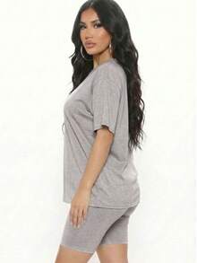 2pcs Loose Fit Top & Biker Shorts Set For Women, Solid Color Round Neck Machine Washable Comfy Basic Loungewear Sets For Summer Spring Fall - Màu xám thạch nam - Xem 2