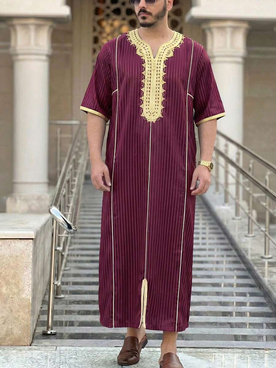 摩洛哥 Jallabiya 男士穆斯林長袍,短袖刺繡條紋設計,傳統男裝,節慶派對禮拜袍 - 紅色 - 查看 1