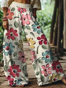 2026 Women's New Arrival Pink & Blue Patchwork Floral Plaid Pastoral Style Wide-Leg Elastic Waist Casual Pants - Hồng - Xem 3