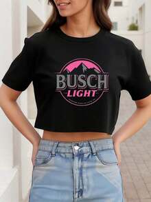 1pcWomen's Busch Light Crop Tee Shirt Summer Casual Graphic Top Exposed Navel T-Shirt , Women's New Summer Casual Crew Neck Pure Cotton Short-Sleeved T-Shirt(1 PC)Valentine's Day Outfits.Valentine's Day - 黑色 - 查看 1
