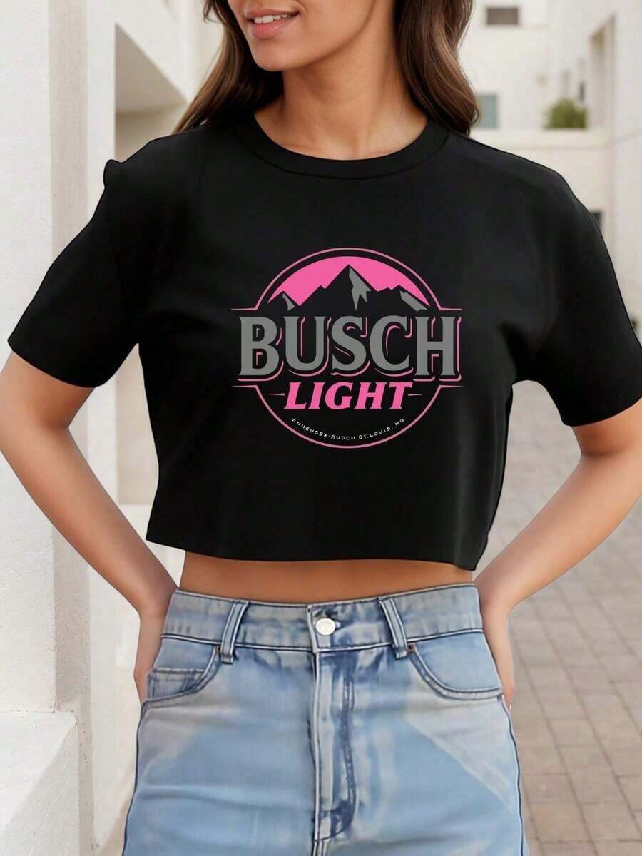 1pcWomen's Busch Light Crop Tee Shirt Summer Casual Graphic Top Exposed Navel T-Shirt , Women's New Summer Casual Crew Neck Pure Cotton Short-Sleeved T-Shirt(1 PC)Valentine's Day Outfits.Valentine's Day - 黑色 - 查看 1