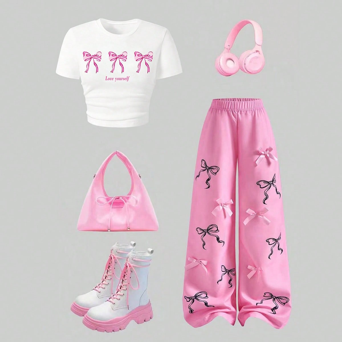 Conjunto de top de manga corta con estampado de lazo y pantalones largos con decoración de lazo para niña adolescente