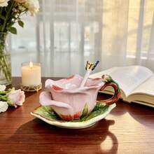 1SET Ceramic 3D Hand-Painted Pink Rose Flower And Leaf Tea Cup And Saucer Set,1pc Coffee Mug(Capacity: 150ml),1pc Saucer,1pc Butterfly Spoon,Valentine's Day, Mother's Day Gifts - Pink - View 11