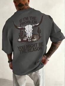 K-GLORY 男士休闲百搭简约英文标语羊头乡村动物印花短袖T恤 - 深灰色 - 查看 1