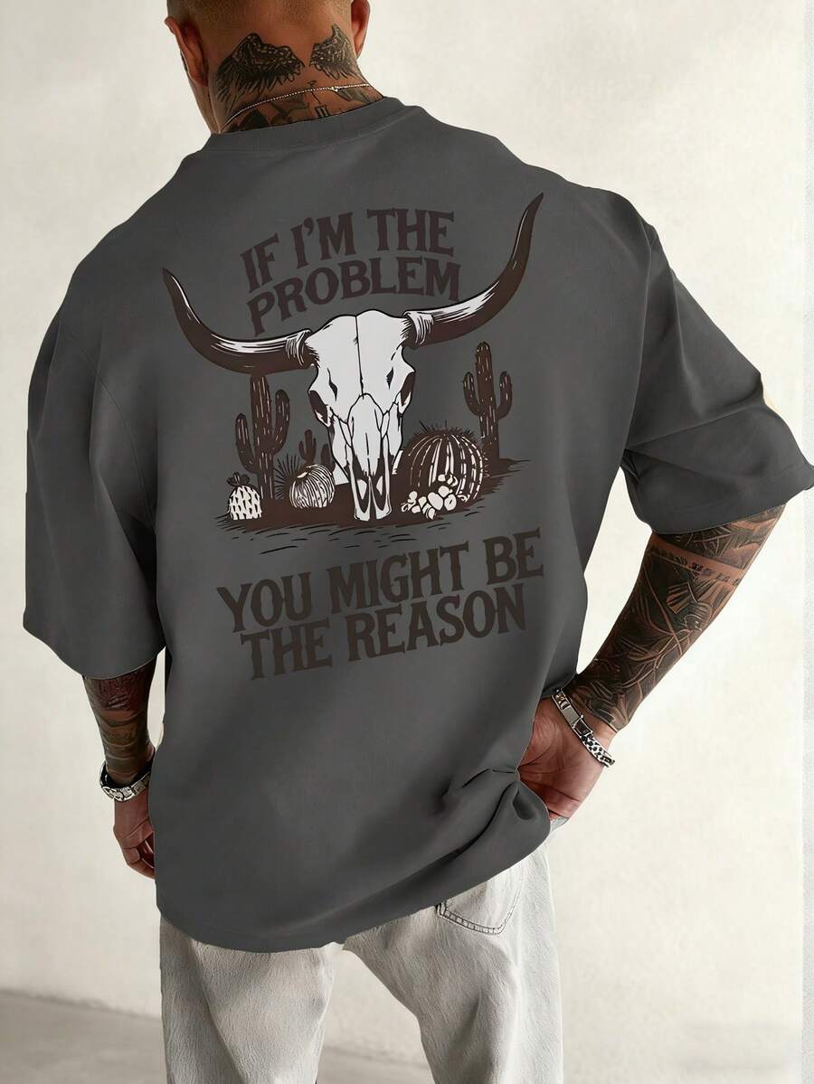 K-GLORY 男士休闲百搭简约英文标语羊头乡村动物印花短袖T恤 - 深灰色 - 查看 1