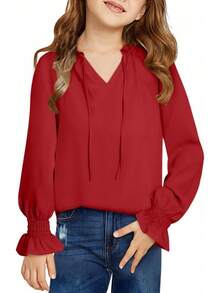 Teen Girls' Casual Blouse - V-Neck Chiffon Shirt With Smocked Cuffs And Long Sleeve - 鮮紅色 - 查看 1