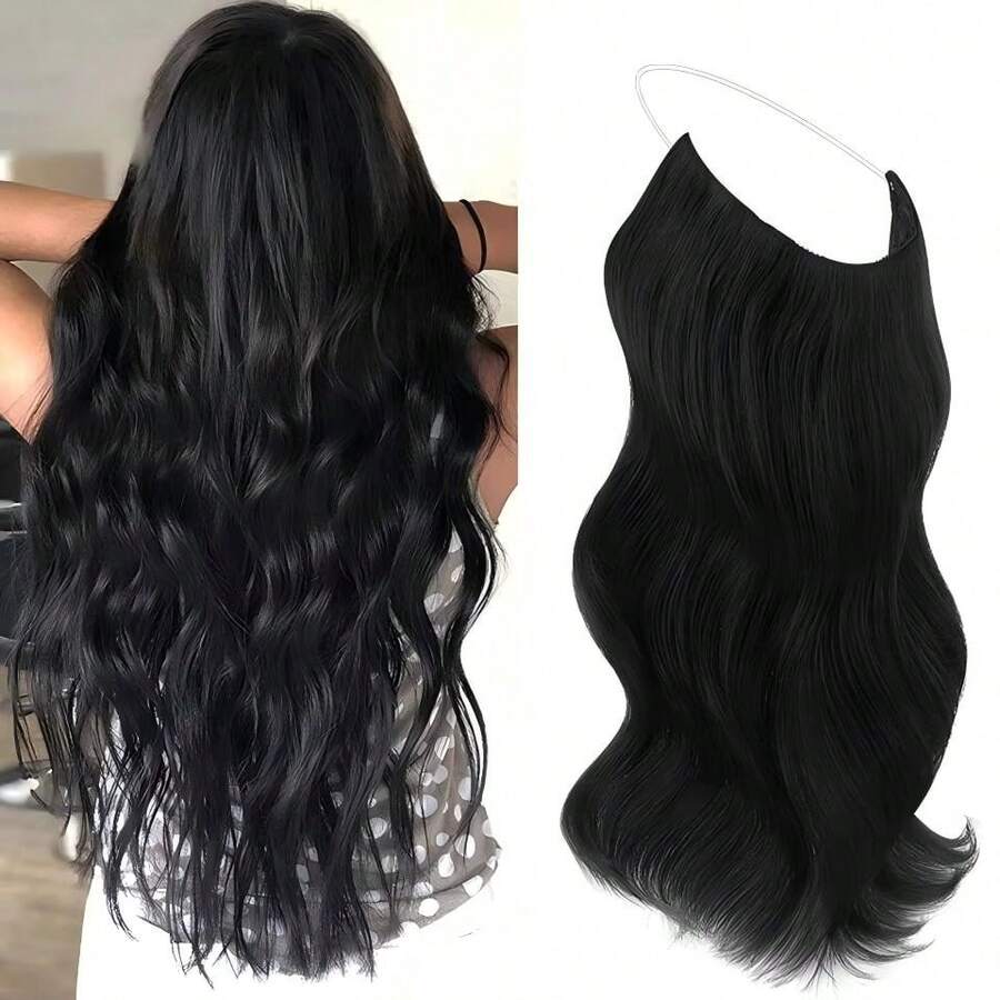 Tóc nối thẳng #1B kiểu dây câu cá, tóc tự nhiên, có thể điều chỉnh kích thước, 3 kẹp chắc chắn, dài từ 16-26 inch, dành cho nữ.