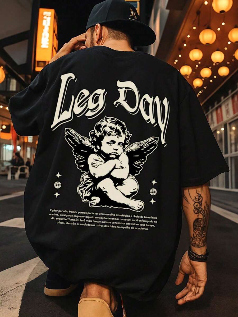 Oversized Gym T-Shirt, Streetwear Printed Shirt, Leg Day Premium Cotton - Negro - Ver 1