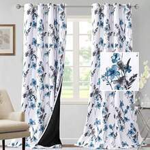 Juego de cortinas 100% opacas de 2.13 metros de longitud 2 paneles con estampado floral de Cattleya cortinas térmicas florales para habitación con forro  cortinas a prueba de sonido color gris y azul. -009 - Cattleya - Gris/Azul - Ver 3