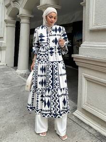 DAZY Vestido de manga larga con estampado geométrico, cuello con muesca, manga acampanada y ajuste holgado, con volantes, ropa de otoño, vestido de manga larga para vacaciones, atuendos para mujeres - Albaricoque - Ver 1