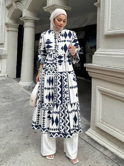 Livesso 几何图案印花缺口领喇叭袖宽松连衣裙，荷叶边，秋季长袖连衣裙度假装扮女装