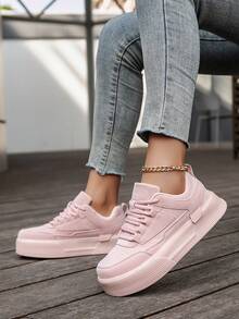 Giày thể thao nữ tối giản, màu trơn, phối nhiều mảng màu, buộc dây phía trước, kiểu dáng trượt ván, mũi tròn, đế cao, thoải mái, đa năng, thích hợp cho phong cách thường ngày. - Hồng - Xem 9