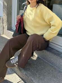 1pc Solid Color Knitted Ribbed Crew Neck Sweater, Suitable For Office, Home, Daily Wear In Autumn, Women Winter Sweater - Yellow - View 5