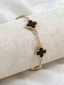 1条时尚幸运四叶草手链，情人节/母亲节礼物 - 黑色 - 查看 3