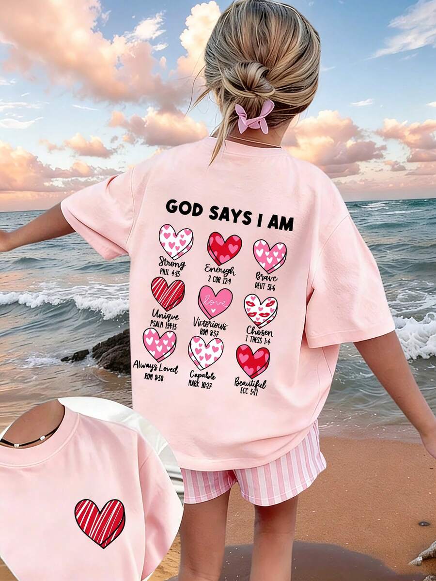 Tween Girl "God Says I Am Enough..." Inspirational Slogan 3D Heart Grid Cartoon Print T-Shirt, Suitable For Casual, Street, Travel & Holiday Wear, Fashion Girl Summer Top - Pink - View 1
