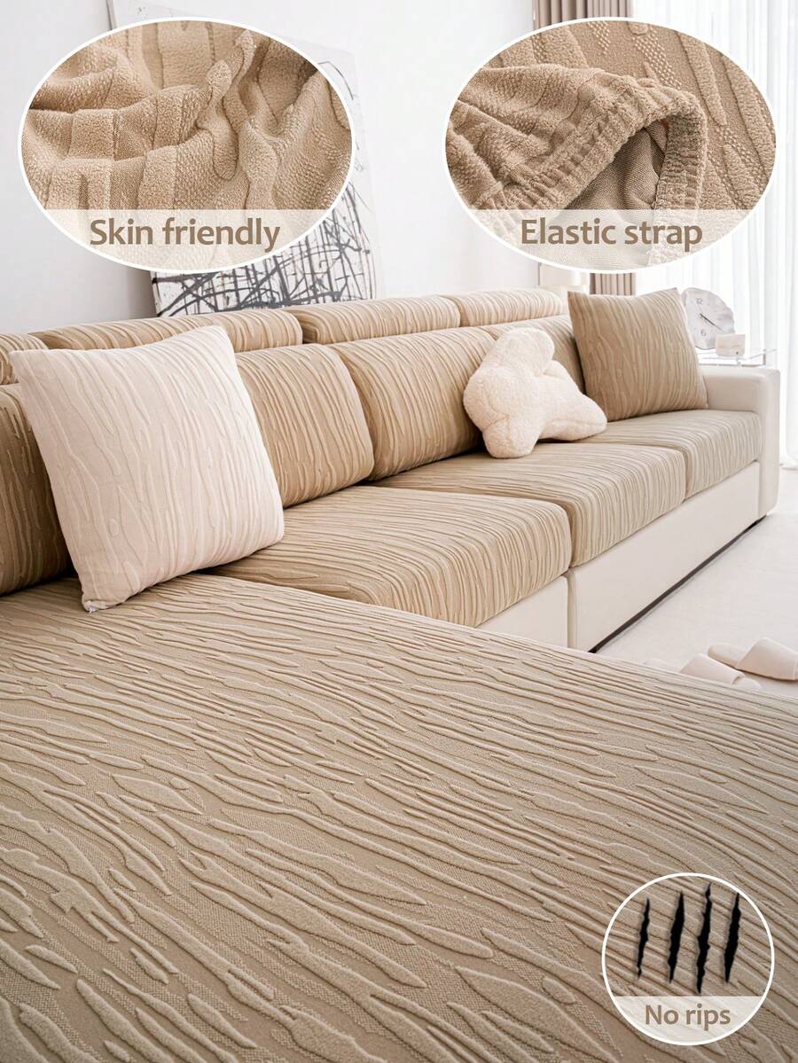 1 PC Bark Pattern Striped Elastic Sofa Cover - Soft Washable Fleece Fabric With Striped Pattern Easy To Install Elastic Sofa Cover Suitable For Home And RV Decoration, Anti Slip And Anti Pet And Stain Resistant, Suitable For L-Shaped Sofas And Living Room Sofa Protection For 1, 2, 3, And 4-Seater Sofas - Bark Texture - Light Brown - View 1