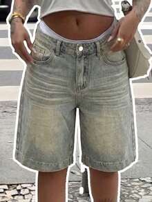 女士休闲牛仔阔腿七分裤，无弹力拉链牛仔裤，适合日常穿着 - 藍色 - 查看 1