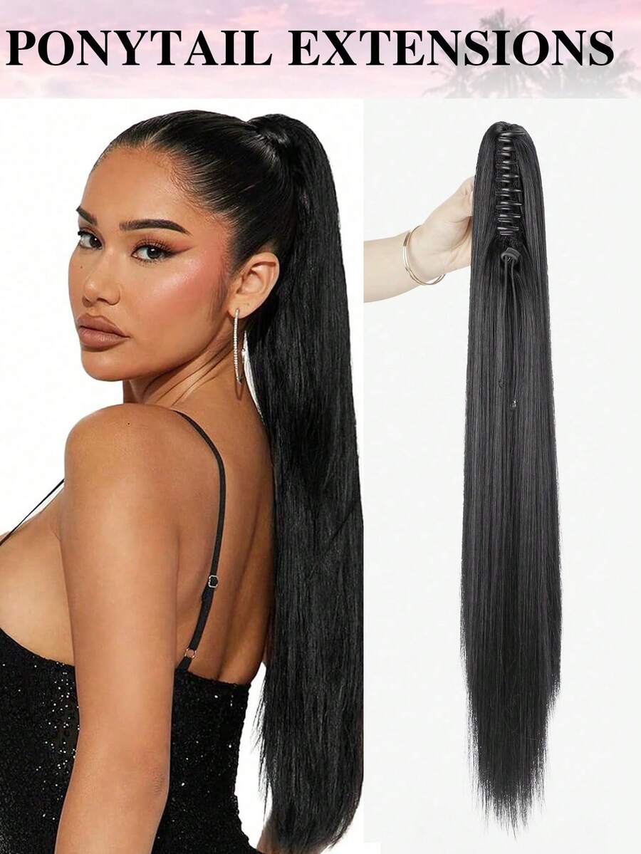 26英寸 150克/包 合成直发接发片 夹式，高温纤维马尾辫，适合女性（黑色） - 黑色 - 查看 1