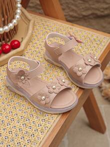 1 par de sandalias de verano para niñas, de unicolor a la moda, con puntera abierta, suela blanda, cierre de gancho y bucle, con flores y perlas, cómodas y planas. Corre pequeño. - Rosa vieja - Ver 3