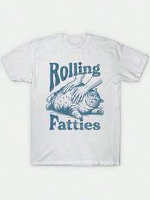 ROLLING FATTIES Touching The Little Cat Fun T-Shirt, A Retro And Stylish Casual T-Shirt, Y2K, Streetwear, Cute, Suitable For Both Men And Women. - White - View 9