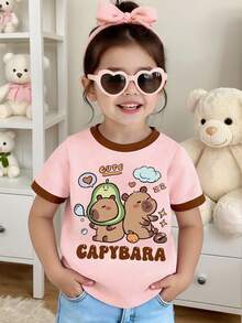 Young Girl Casual Cartoon Print Short Sleeve T-Shirt, Summer - Pink - View 1
