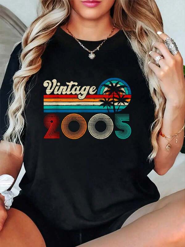 100% Cotton Vintage 2005 Born In 2005 20th Birthday Gifts 20 Years Old T-Shirt Women's Vintage Relaxed Fit Tee Premium Soft Tops Printing Round Neck Fashion Shirts
