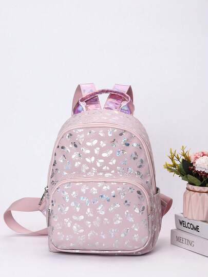 Kids PU Leather Unicorn Shaped Fashion Backpack, Glitter Decor, Laser Effect, Heart Print, Foil Crafted, Suitable For School, Picnic, Travel, Outdoor, Perfect Gift For Kids On Holiday, Birthday, Back To School