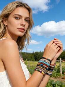 5/10/20/50/100颗水晶珠手链套装 - 多种时尚8毫米宝石珠，可调节弹力绳 - 男女通用多层设计，适合日常佩戴、派对和送礼 - 彩色 - 查看 8