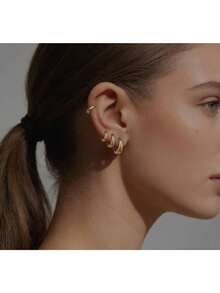 3pcs/Set Thick Gold-Tone Earrings, Minimalist Design, Suitable For Women's Daily Wear, Outings And Party Events - Multicolor - View 4