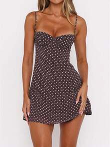 Women's Dots Print Mini Dress Sleeveless Spaghetti Strap A-Line Dress Summer Casual Dress - Light Brown - View 1