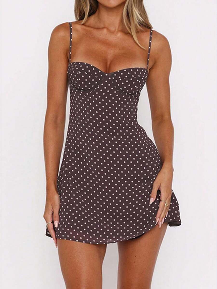 Women's Dots Print Mini Dress Sleeveless Spaghetti Strap A-Line Dress Summer Casual Dress - Light Brown - View 1