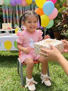 2Pcs Silly Goose Baby Clothes Toddler Girl Summer Birthday Outfit Embroidery Bow Animal Short Sleeve T-Shirts And Waffle Stripe Shorts Set - Pink - View 3