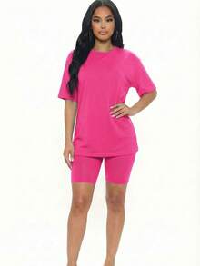 2pcs Loose Fit Top & Biker Shorts Set For Women, Solid Color Round Neck Machine Washable Comfy Basic Loungewear Sets For Summer Spring Fall - 紫紅色 - 查看 4