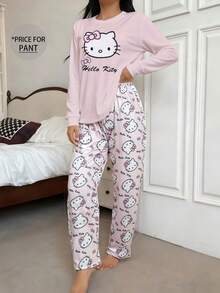 1 Stück Hello Kitty bedruckte Einteiler Schlafanzughose, süße Nachtwäsche für Frauen, Y2K Stil, geeignet für Herbst und Winter - Pink - Übersicht 3