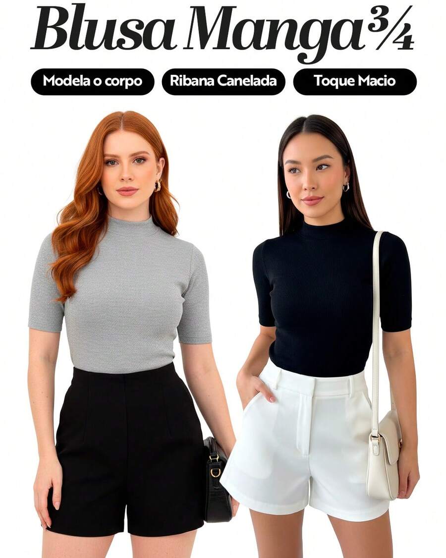 Kit 2 Women's Blouse High Neck Ribbed Premium 3/4 Sleeve Basic Elegant Comfortable Classic And Timeless Women's Fashion Ideal For Work Everyday Or Going Out Combines With Jeans Skirt Or Shorts Versatile Style Essential Piece That Enhances The Look With Comfort And Quality - 黑色+混紡 - 查看 1