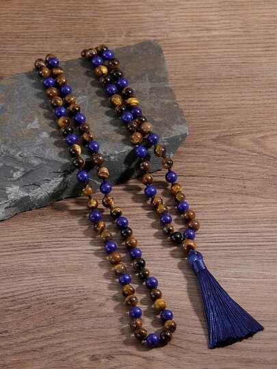 Bohe Style Tassel Long Necklace Natural Stones Lapis Lazuli Tiger Eye Knoted Necklace Japamala 108 Mala Meditation Yoga Jewelry For Men Women Holiday Gifts