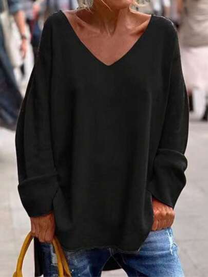 1pc Women's Solid Color Drop Shoulder Long Sleeve V-Neck Asymmetric Hem Slit Sweater, Spring/Autumn/Winter