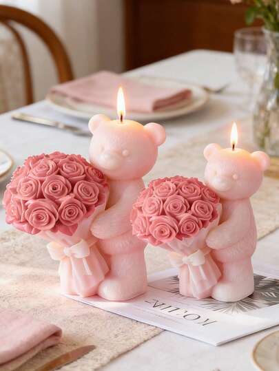 Cute Bear Holding Rose Bouquet Silicone Candle Mold - Valentine's & Wedding Season Essential | 3D Stereo Texture | Flexible Silicone | For Candles/Gypsum/Clay | Perfect For Bridal Shower Gifts, Couple Valentine's Presents & Christmas/BFF Birthday Gifts