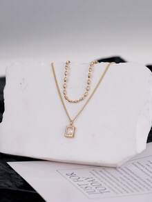 2 piezas Collar de colgante de doble capa con cuentas de cobre cuadradas de moda, micro-incrustadas con circonita brillante - Amarillo Oro - Ver 4
