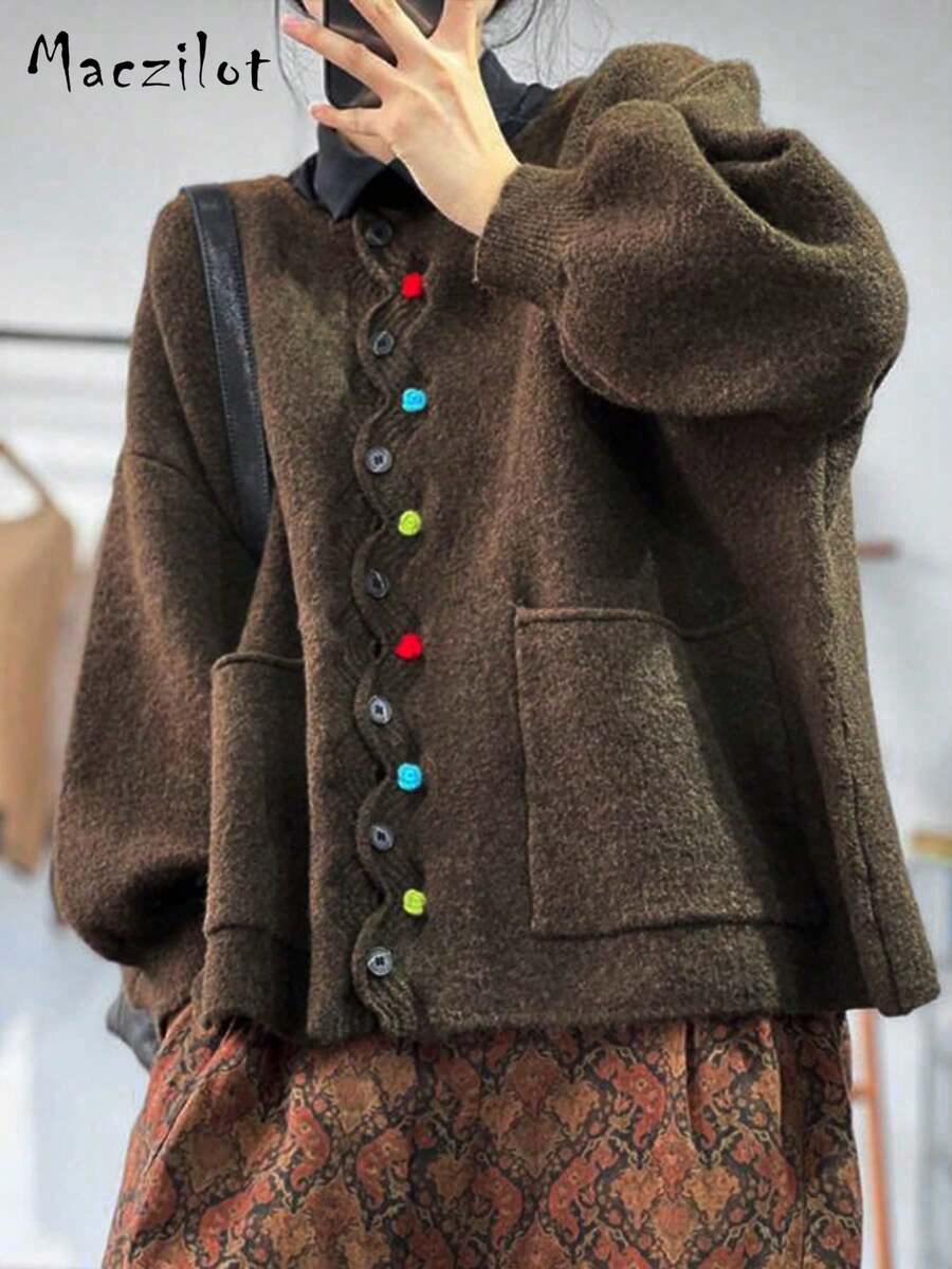 女士休闲开衫，高品质针织时尚上衣，秋冬季 - 咖啡棕 - 查看 1