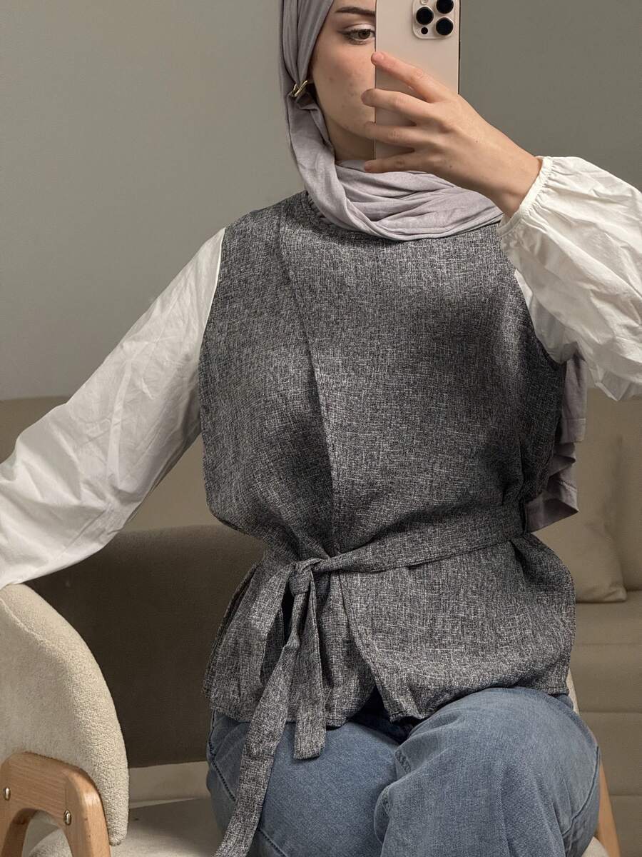 DAZY Women's Color Block Round Neck Belted Shirt,Long Sleeve Tops,Fall Clothes - Grey - View 1